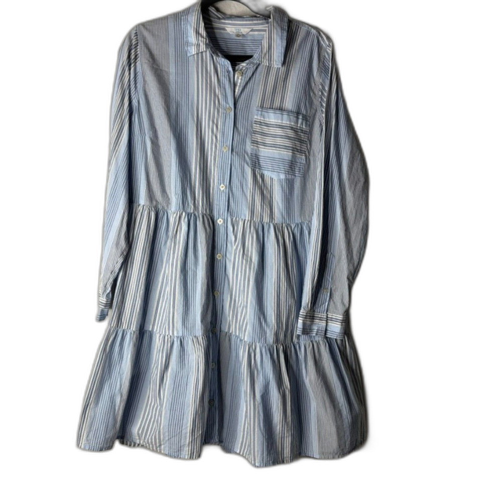 Time and Tru blue striped tiered button front shirt dress size 16-18